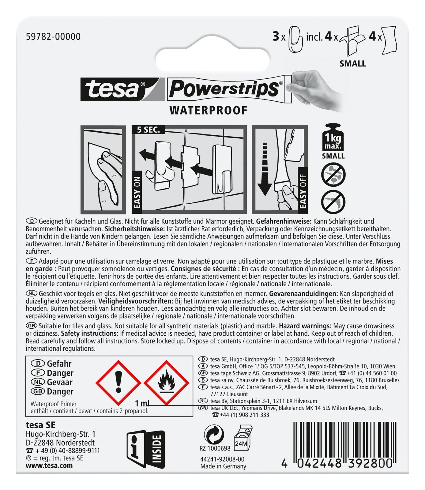 Rückseite der Verpackung von tesa Powerstrips Waterproof, zeigt Anweisungen zur Anwendung und Sicherheitsinformationen.