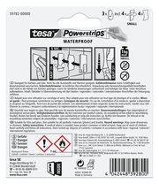 Rückseite der Verpackung von tesa Powerstrips Waterproof, zeigt Anweisungen zur Anwendung und Sicherheitsinformationen.