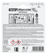 Rückseite der Verpackung von tesa Powerstrips Waterproof, zeigt Anweisungen zur Anwendung und Sicherheitsinformationen.