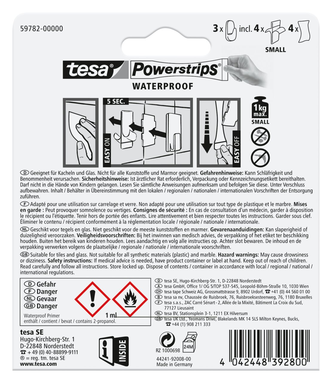 Achterkant van de verpakking van tesa Powerstrips Waterproof, met gebruiksaanwijzingen en veiligheidsinformatie.