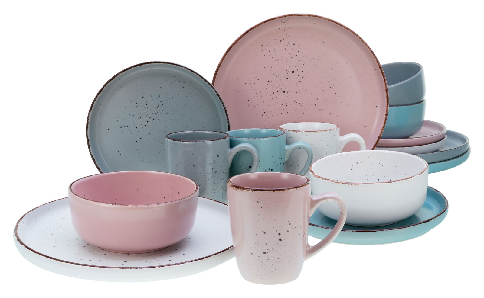 Kombiservice 16-tlg. ModernFas in Pastellfarben, bestehend aus Tellern, Schalen und Tassen mit gesprenkeltem Design, aus seitlicher Perspektive fotografiert.