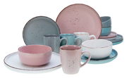 Kombiservice 16-tlg. ModernFas in Pastellfarben, bestehend aus Tellern, Schalen und Tassen mit gesprenkeltem Design, aus seitlicher Perspektive fotografiert.