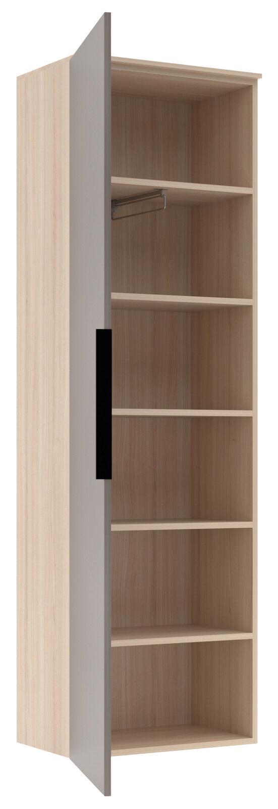 Garderoben-Hängeschrank aus Holz mit geöffneter Tür, seitliche Perspektive