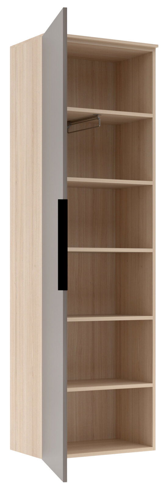 Garderoben-Hängeschrank aus Holz mit geöffneter Tür, seitliche Perspektive