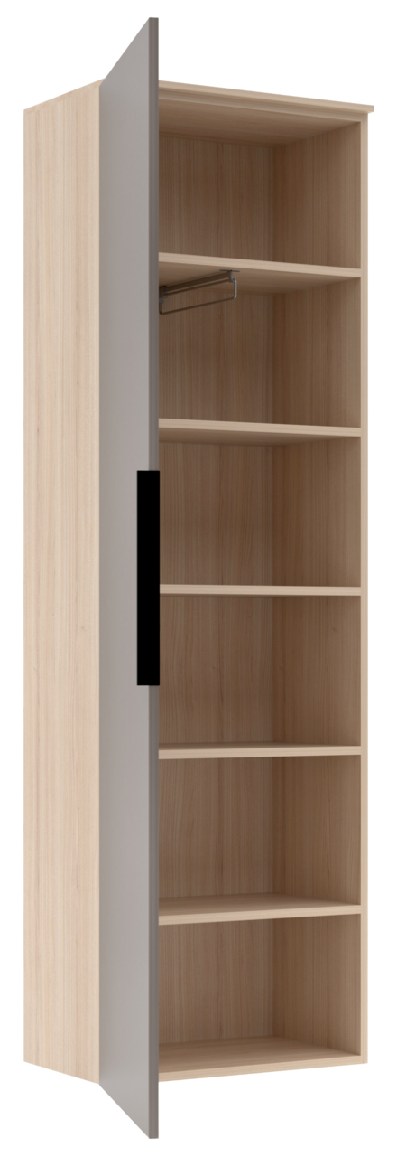 Garderoben-Hängeschrank aus Holz mit geöffneter Tür, seitliche Perspektive