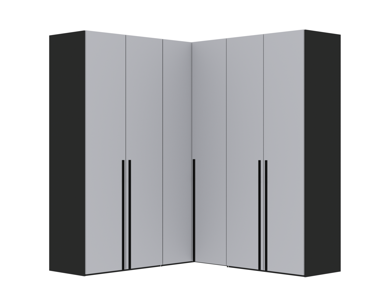 Moderner sechstüriger Drehtürenschrank in Eckform, Ansicht von vorne.