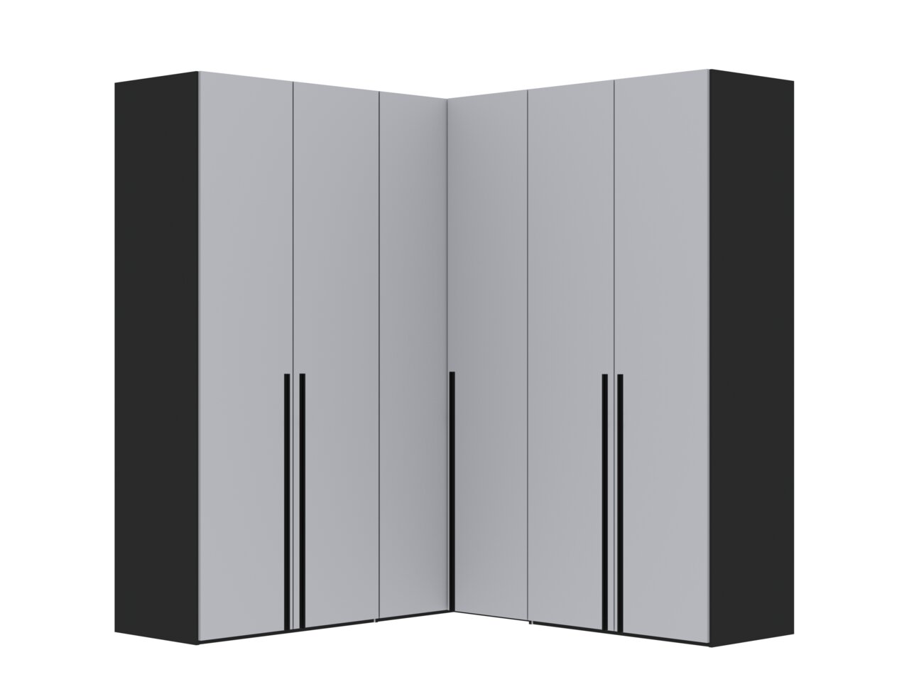 Moderner sechstüriger Drehtürenschrank in Eckform, Ansicht von vorne.