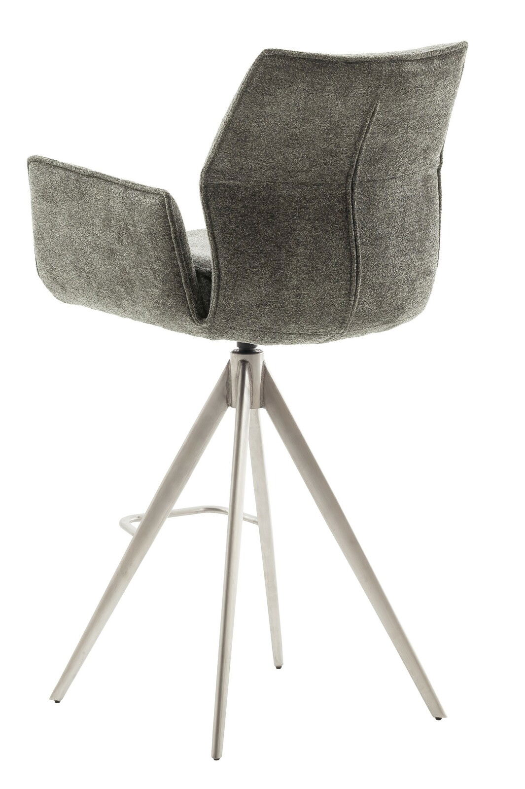 Rückansicht eines modernen Barstuhls mit grauem Stoffbezug und Metallbeinen.