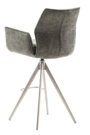 Rückansicht eines modernen Barstuhls mit grauem Stoffbezug und Metallbeinen.