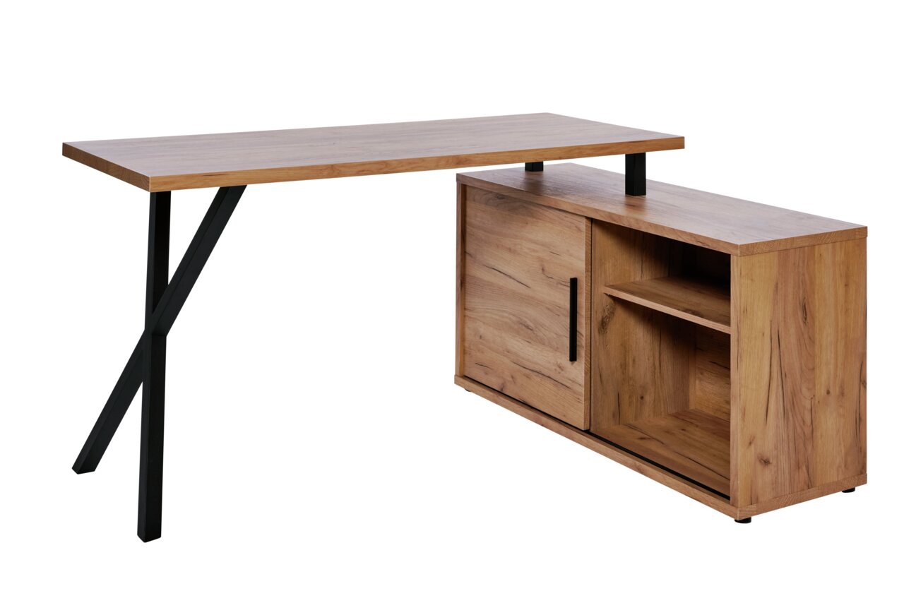 Hoekbureaucombinatie van hout met een zwart metalen onderstel, zijaanzicht