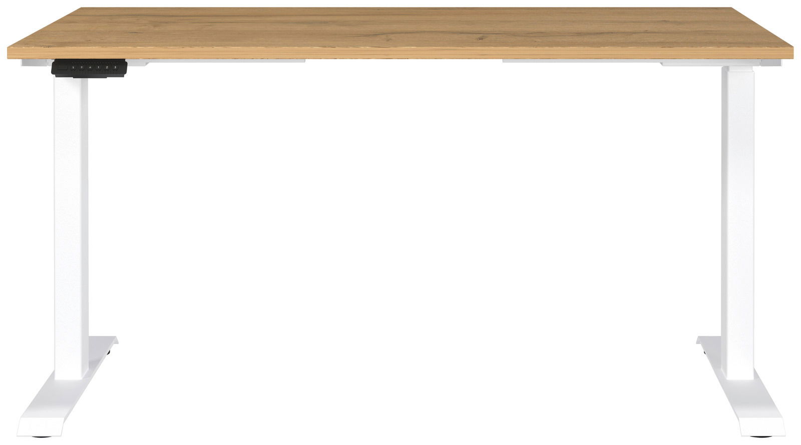 Elektrisch höhenverstellbarer Schreibtisch mit Holzplatte und weißen Metallbeinen, Frontalansicht