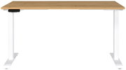 Elektrisch höhenverstellbarer Schreibtisch mit Holzplatte und weißen Metallbeinen, Frontalansicht