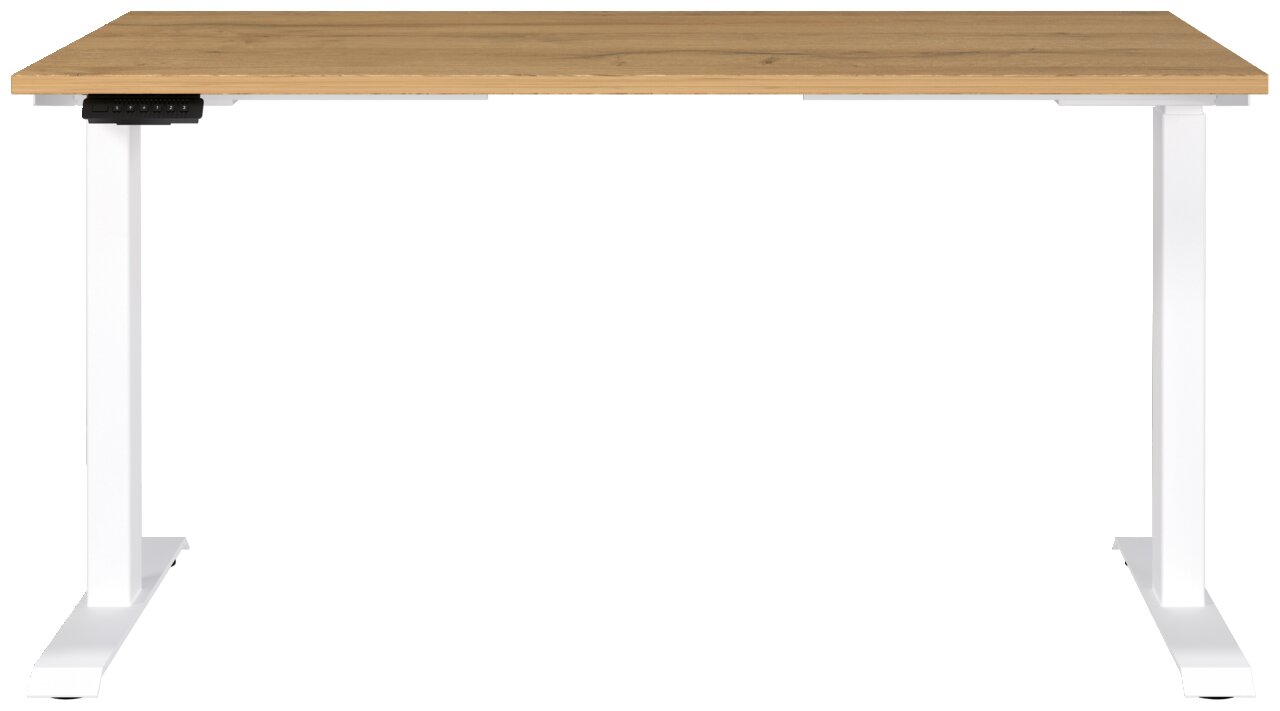 Elektrisch höhenverstellbarer Schreibtisch mit Holzplatte und weißen Metallbeinen, Frontalansicht