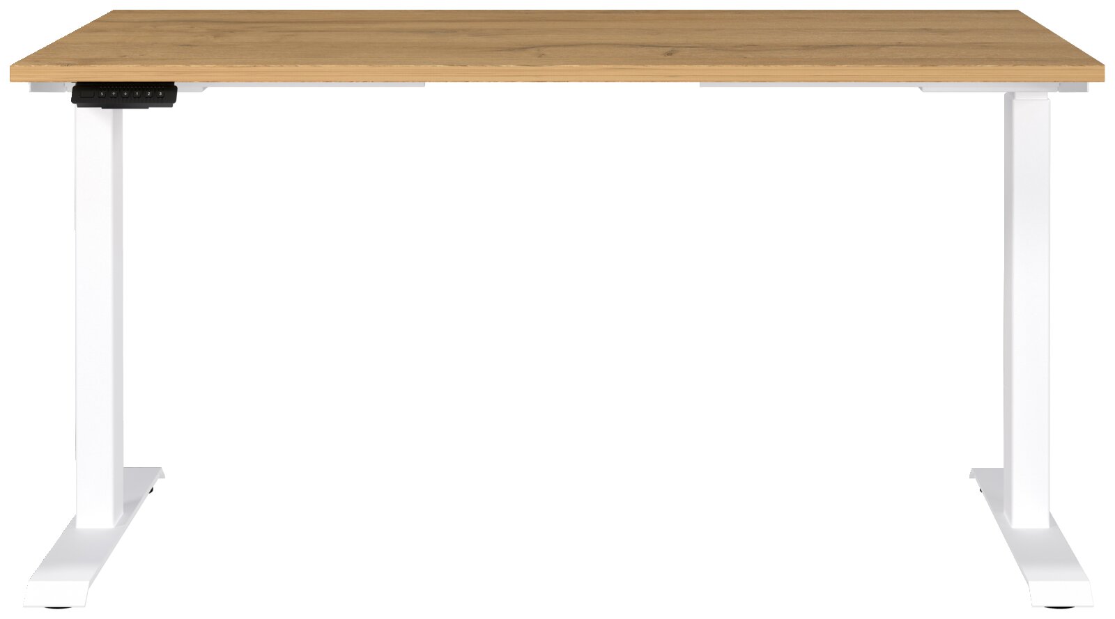 Elektrisch höhenverstellbarer Schreibtisch mit Holzplatte und weißen Metallbeinen, Frontalansicht