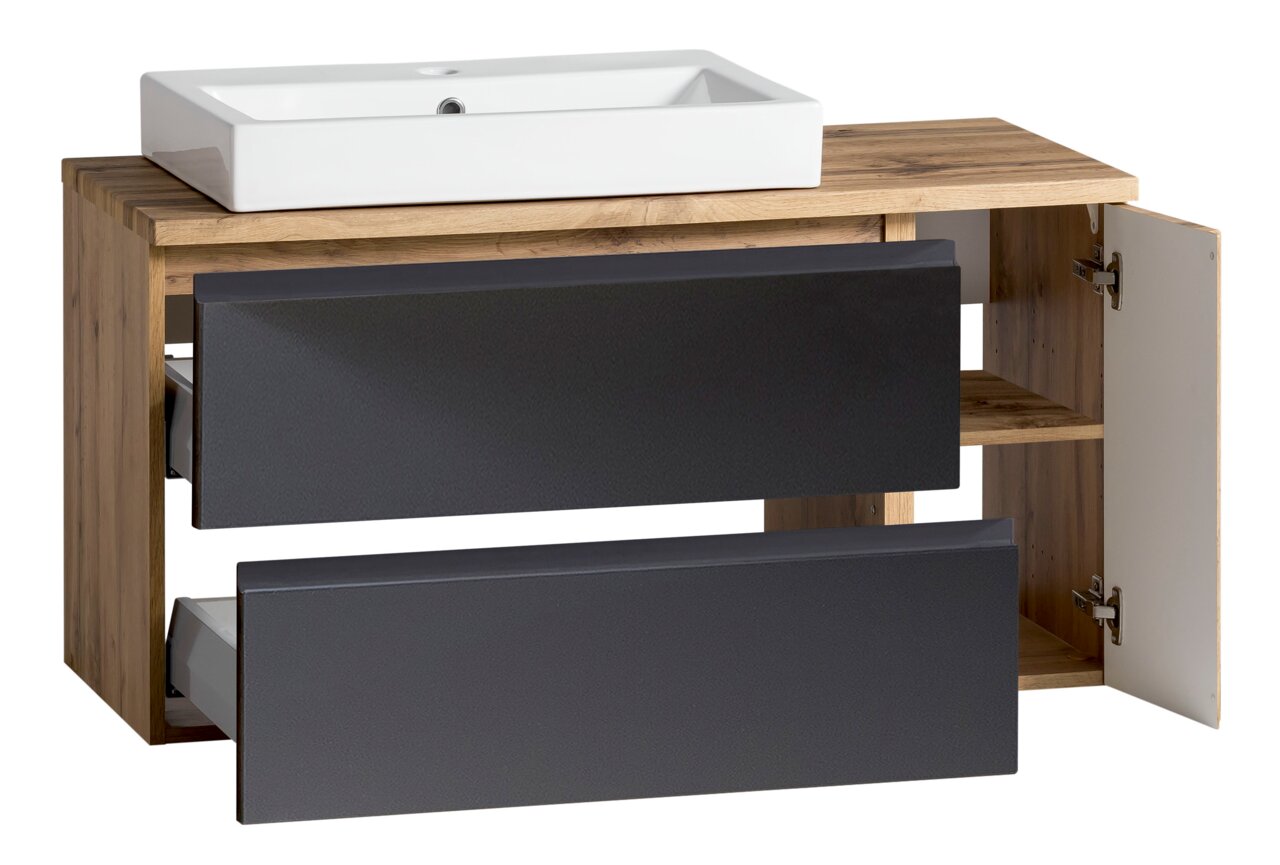 Waschtisch-Set 105 cm mit weißem Waschbecken und Holzoptik, zwei Schubladen und einer offenen Tür, seitliche Perspektive