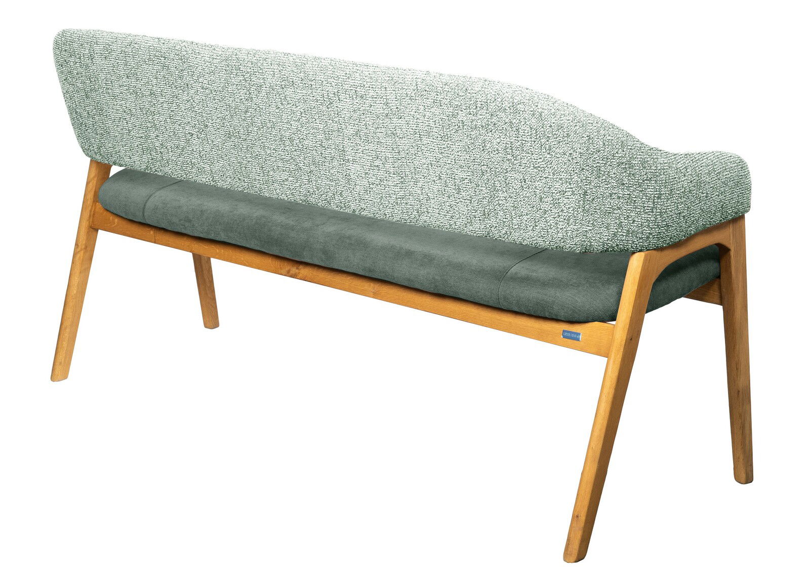 Linea Natura Sitzbank BERTI Rückansicht einer modernen Sitzbank mit Holzgestell und gepolsterter Rückenlehne in grünem Stoff.