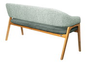 Rückansicht einer modernen Sitzbank mit Holzgestell und gepolsterter Rückenlehne in grünem Stoff.