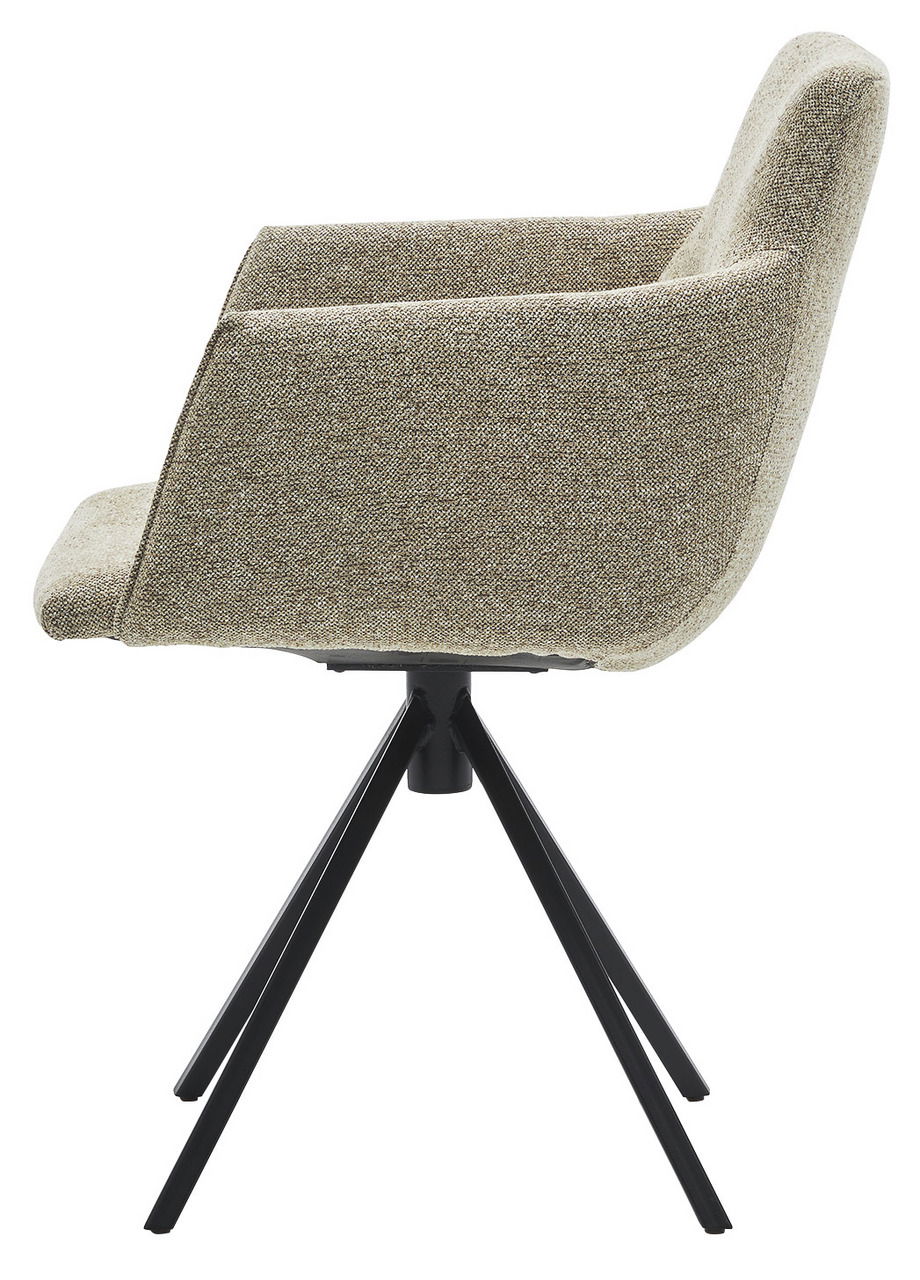 Seitenansicht eines modernen Sessels mit beige gepolstertem Sitz und schwarzem Metallgestell.