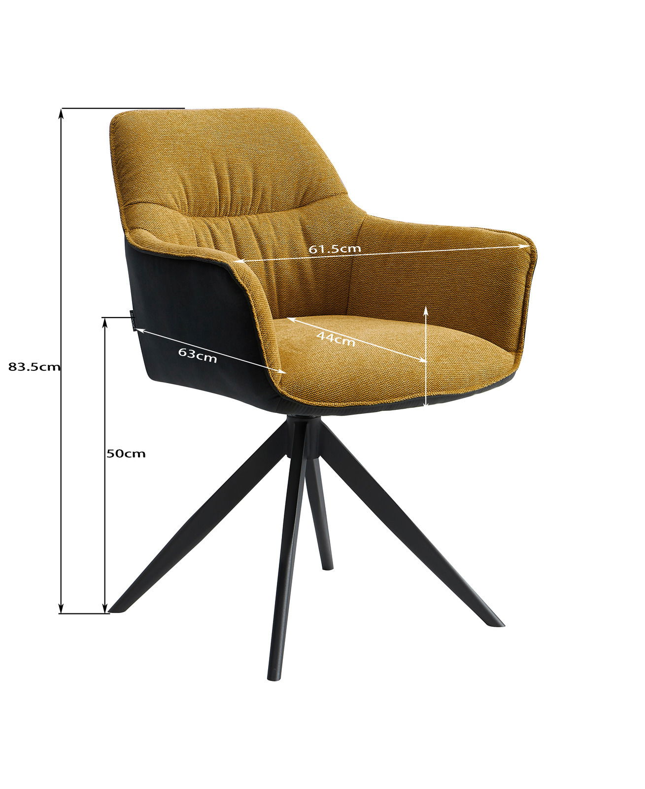 Moderner Sessel der Serie AKITA in senfgelber Polsterung mit schwarzen Metallbeinen, seitliche Perspektive.