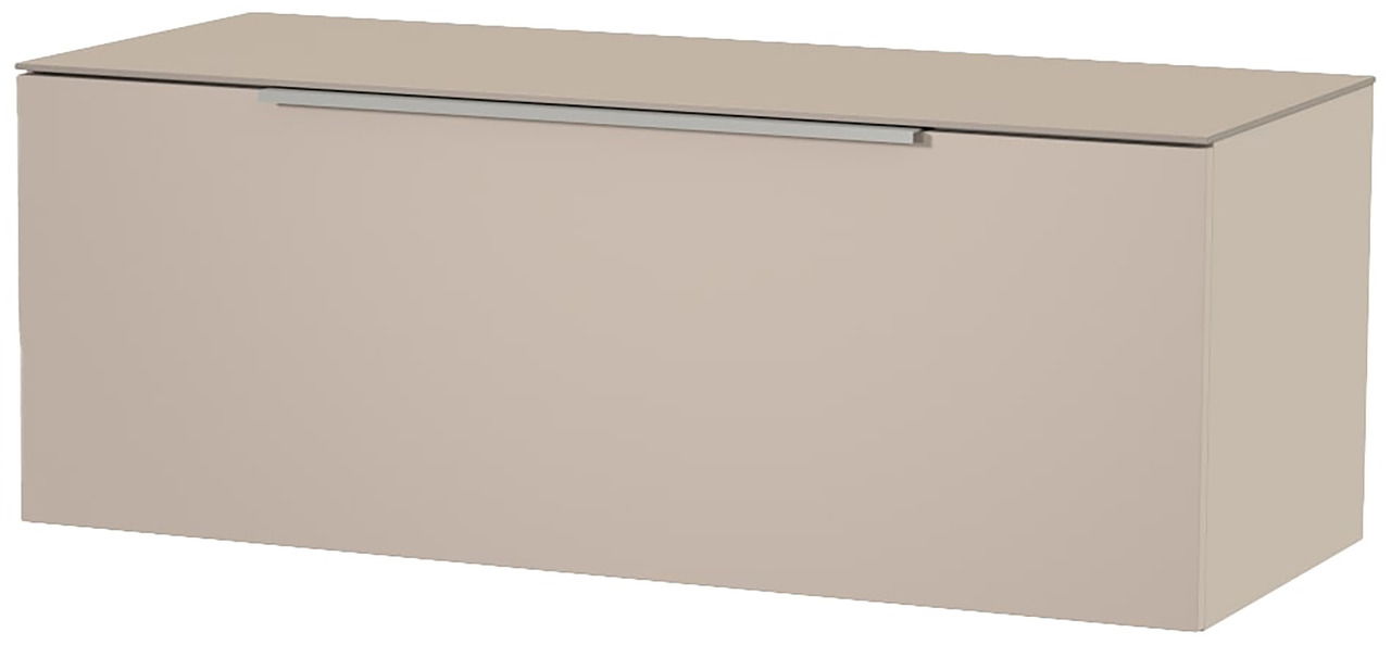 Beiges Hänge-Lowboard mit glatter Oberfläche und silbernem Griff, seitliche Perspektive