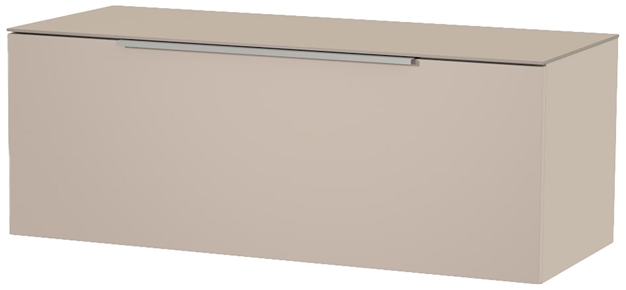 Beiges Hänge-Lowboard mit glatter Oberfläche und silbernem Griff, seitliche Perspektive