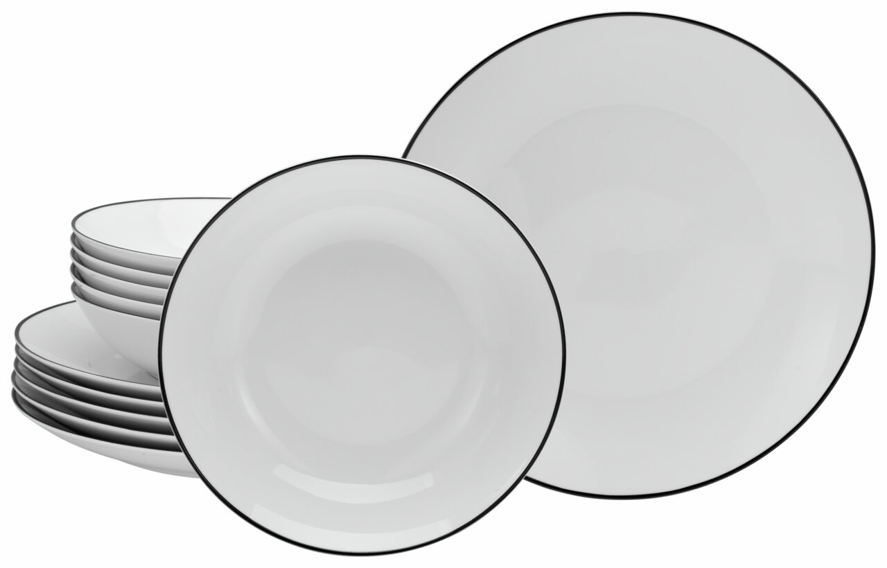Creatable Tafelservice 12-tlg. LUNA BLACK LINE Tafelservice 12-tlg. Luna Black, bestehend aus weißen Tellern mit schwarzem Rand, seitliche Perspektive