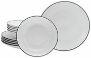 Tafelservice 12-tlg. Luna Black, bestehend aus weißen Tellern mit schwarzem Rand, seitliche Perspektive
