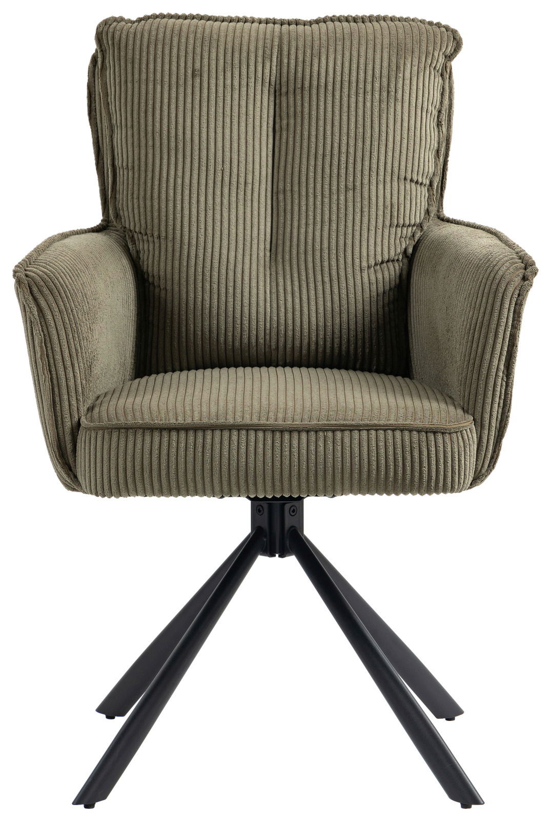 Grüner Sessel mit geripptem Stoffbezug und schwarzen Metallbeinen, Frontalansicht