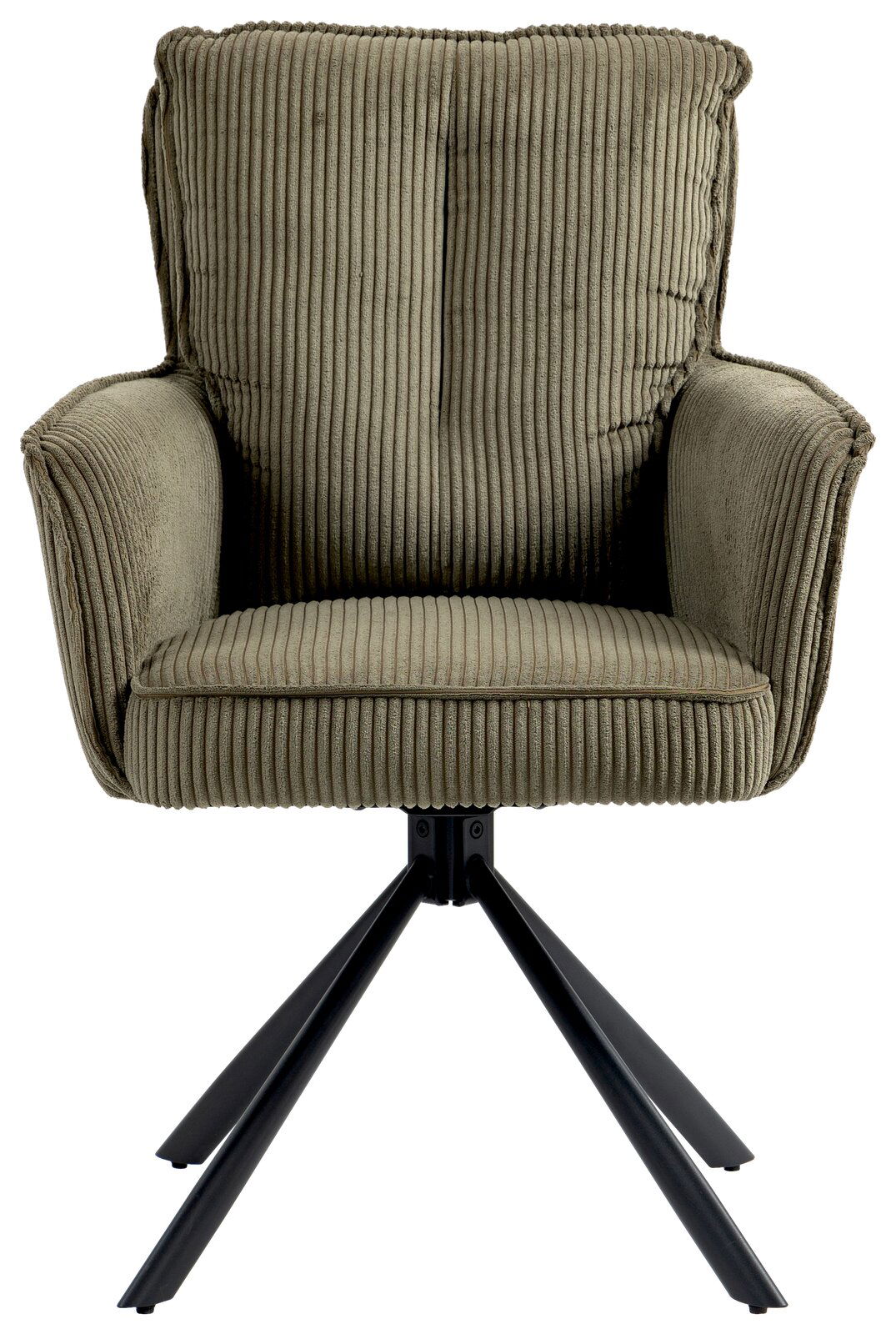 Grüner Sessel mit geripptem Stoffbezug und schwarzen Metallbeinen, Frontalansicht