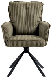 Grüner Sessel mit geripptem Stoffbezug und schwarzen Metallbeinen, Frontalansicht