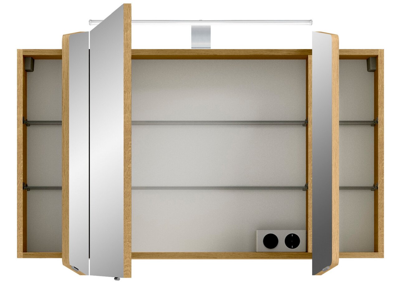 Pelipal Spiegelschrank CASSCA SPRINT Geöffneter Spiegelschrank aus Holz mit drei Türen, Innenregalen und integrierter Beleuchtung, Frontalansicht.