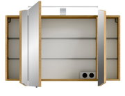 Geöffneter Spiegelschrank aus Holz mit drei Türen, Innenregalen und integrierter Beleuchtung, Frontalansicht.