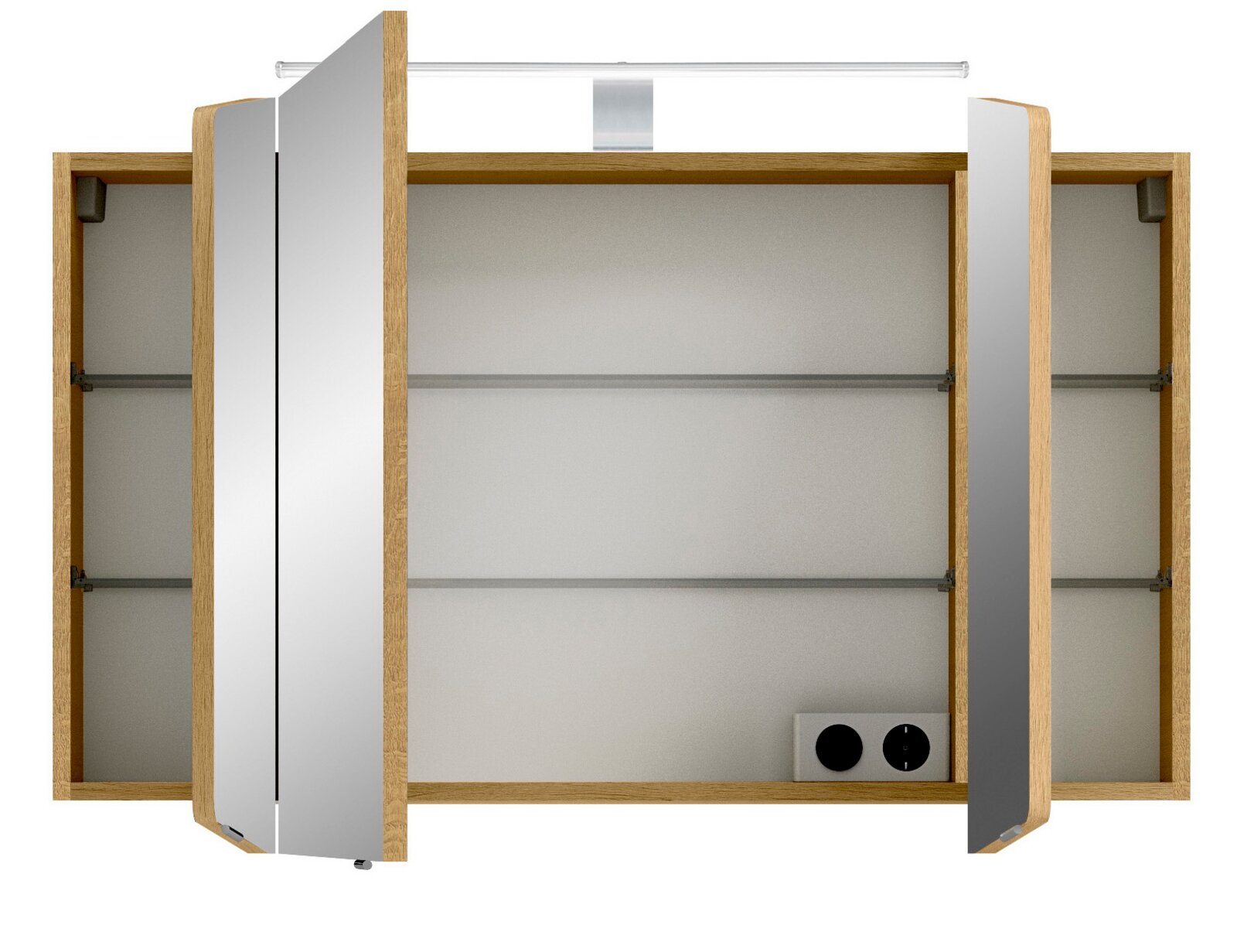Geöffneter Spiegelschrank aus Holz mit drei Türen, Innenregalen und integrierter Beleuchtung, Frontalansicht.