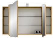 Geöffneter Spiegelschrank aus Holz mit drei Türen, Innenregalen und integrierter Beleuchtung, Frontalansicht.