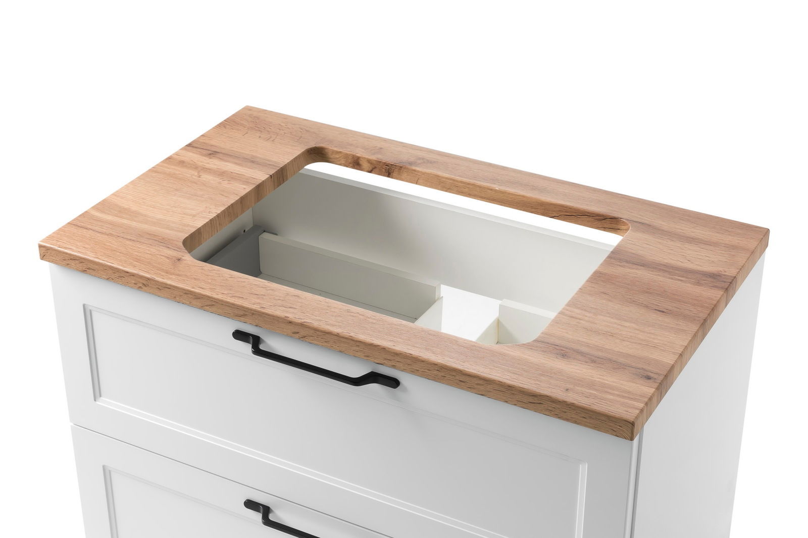 Waschtisch-Set mit Holzoberfläche und weißem Korpus, Ansicht von oben