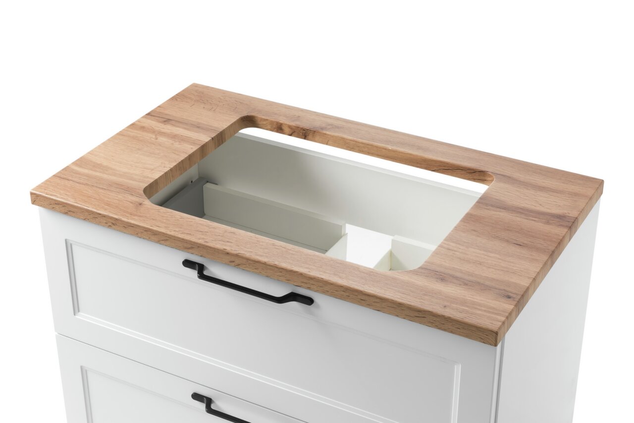 Wastafelset met houten blad en witte kast, bovenaanzicht