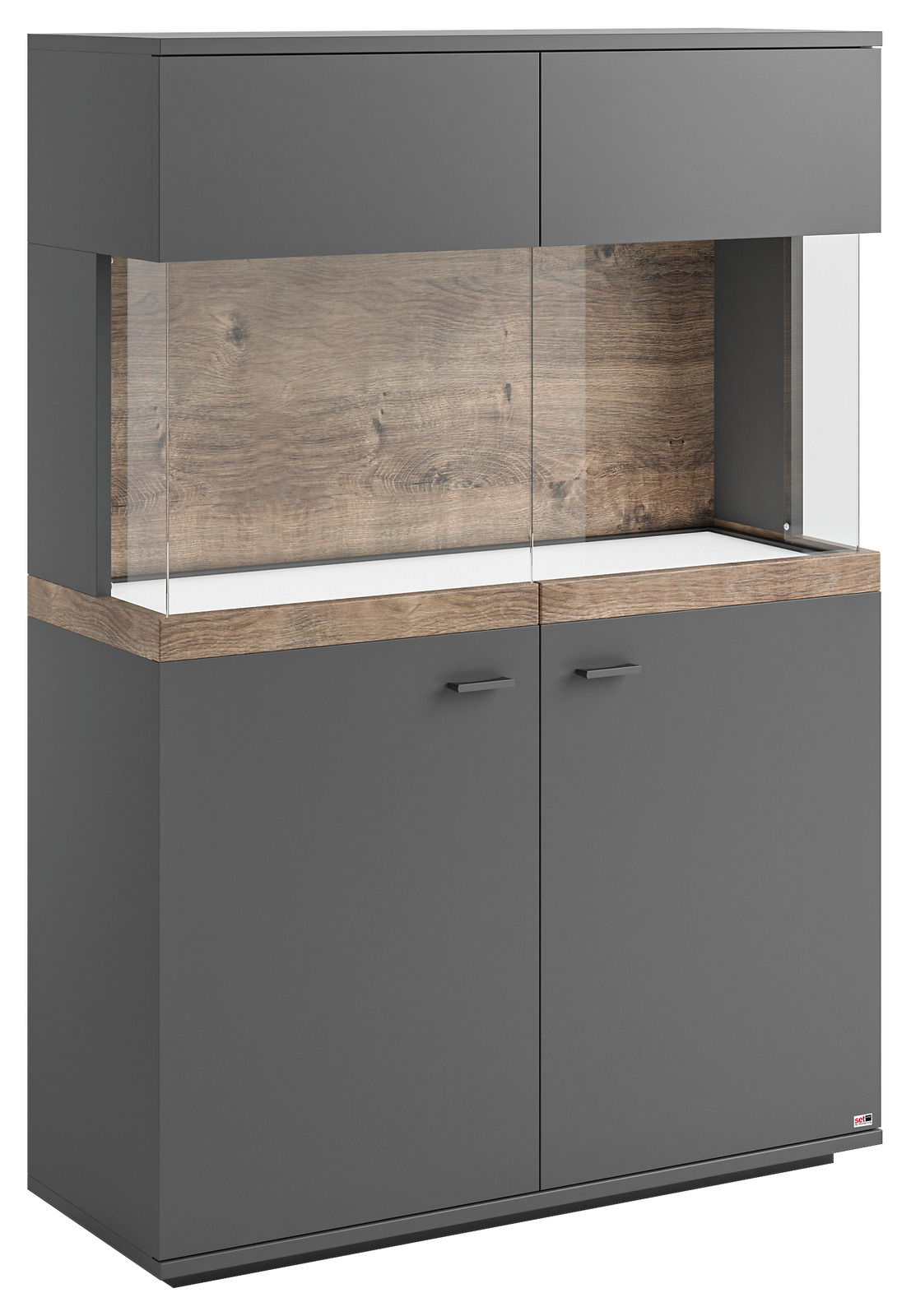Frontansicht des Highboards Set one by Musterring LANCASTER in dunklem Grau mit Holzoptik-Elementen und Glaseinsatz.