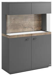 Frontansicht des Highboards Set one by Musterring LANCASTER in dunklem Grau mit Holzoptik-Elementen und Glaseinsatz.