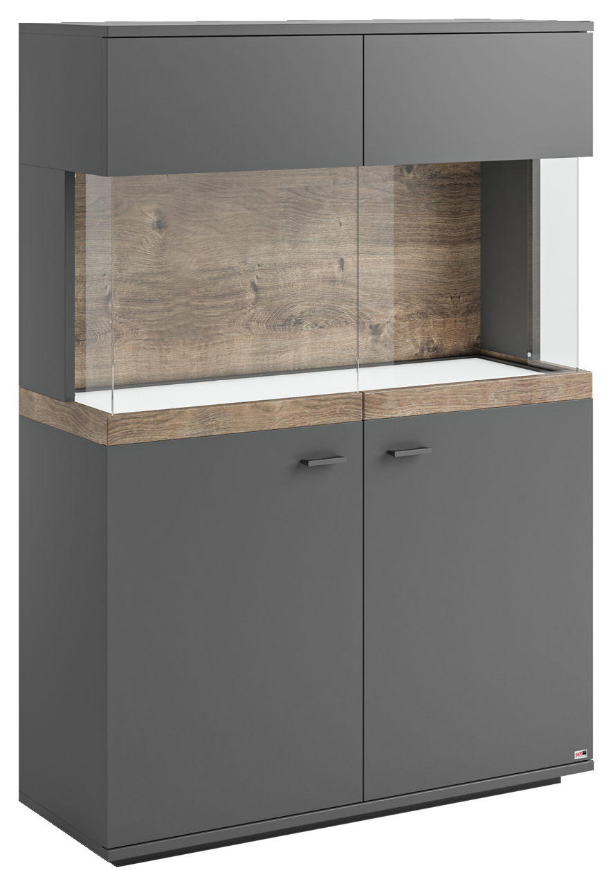 Frontansicht des Highboards Set one by Musterring LANCASTER in dunklem Grau mit Holzoptik-Elementen und Glaseinsatz.