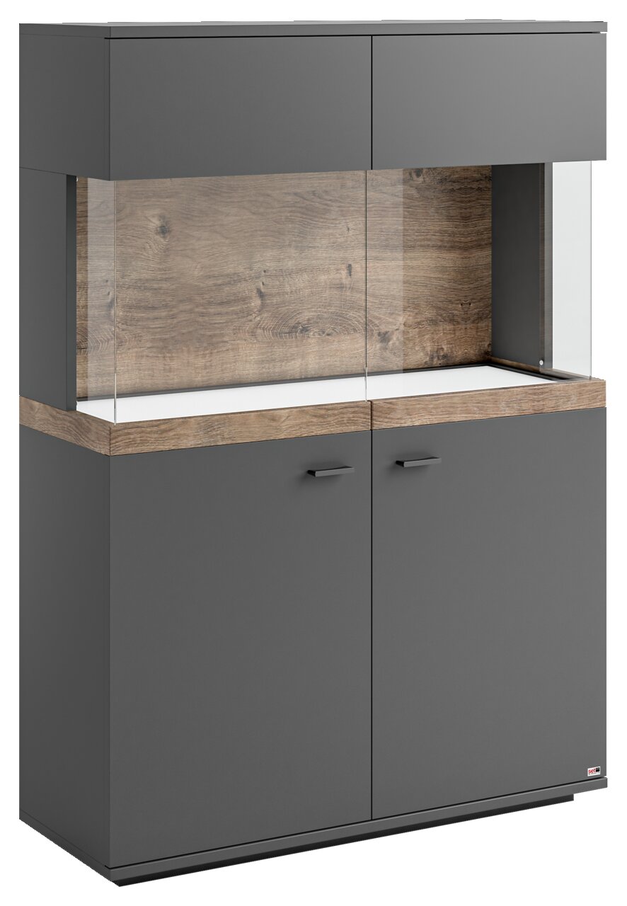 Set one by Musterring Highboard SET ONE LANCASTER Frontansicht des Highboards Set one by Musterring LANCASTER in dunklem Grau mit Holzoptik-Elementen und Glaseinsatz.