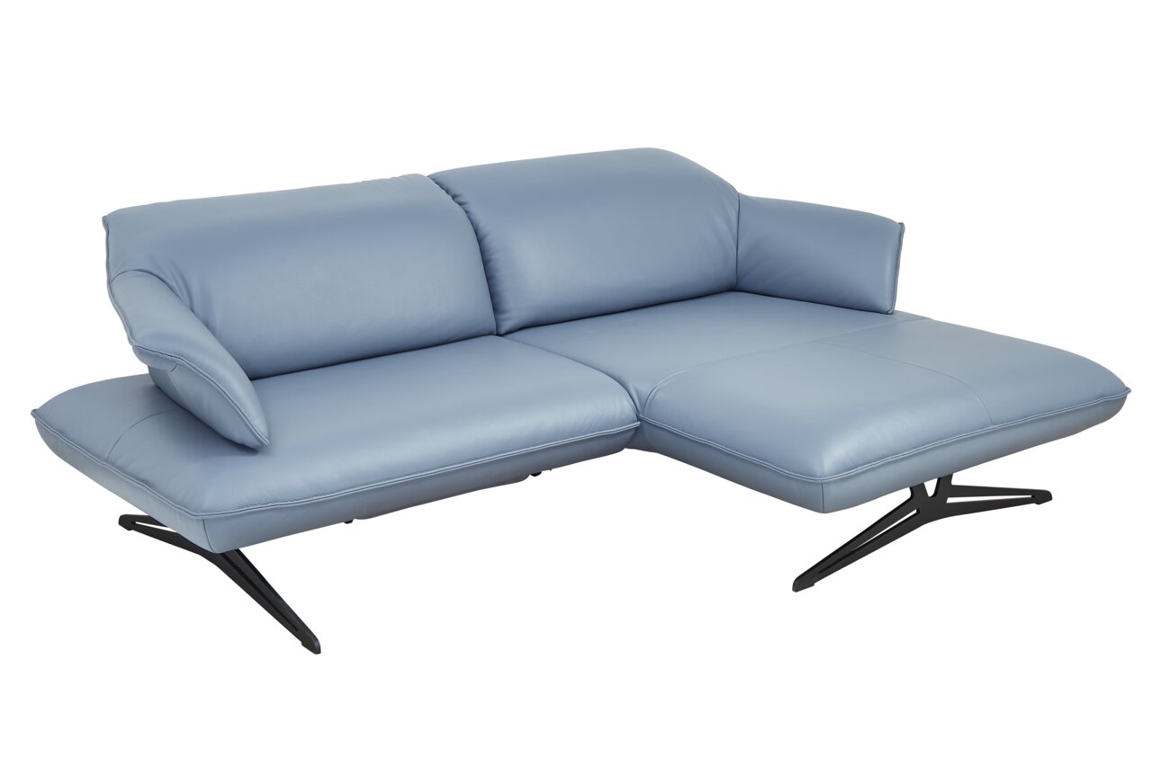 Blaue Longchairkombination aus Leder mit schwarzen Metallfüßen, seitliche Perspektive