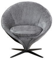 Grauer, moderner Sessel mit runder Rückenlehne und schwarzem Drehfuß, Frontalansicht