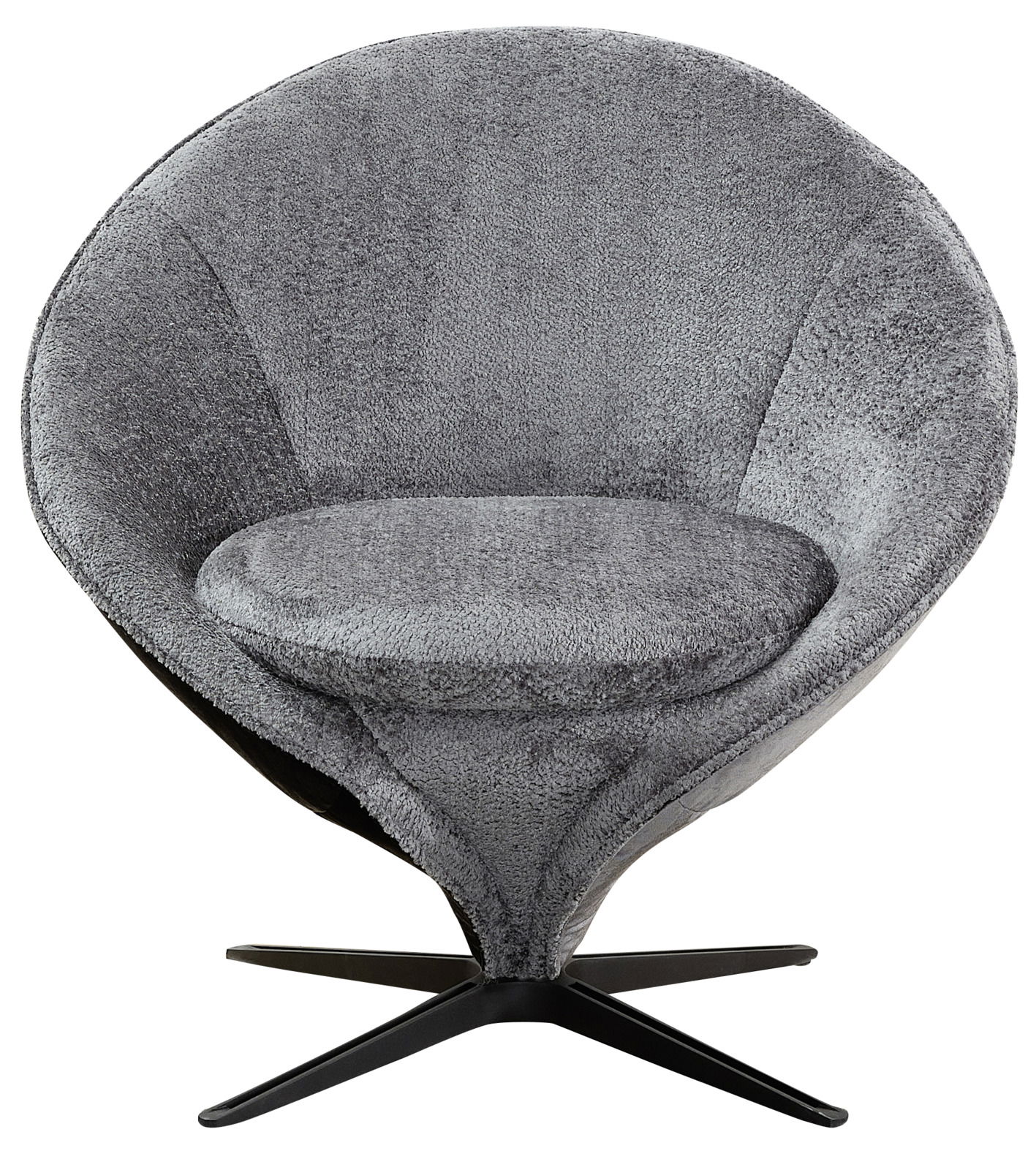 Grauer, moderner Sessel mit runder Rückenlehne und schwarzem Drehfuß, Frontalansicht