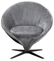 Grijze, moderne fauteuil met ronde rugleuning en zwarte draaivoet, vooraanzicht