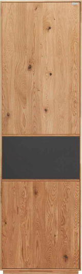Frontansicht eines Garderobenschranks aus Holz mit einer dunklen mittleren Paneele.