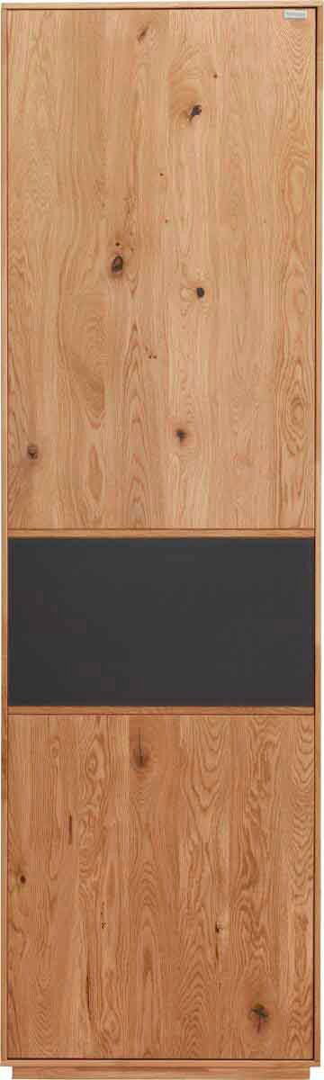 Frontansicht eines Garderobenschranks aus Holz mit einer dunklen mittleren Paneele.