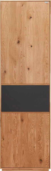 Frontansicht eines Garderobenschranks aus Holz mit einer dunklen mittleren Paneele.