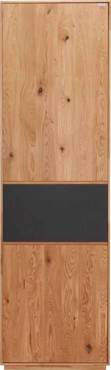 Frontansicht eines Garderobenschranks aus Holz mit einer dunklen mittleren Paneele.