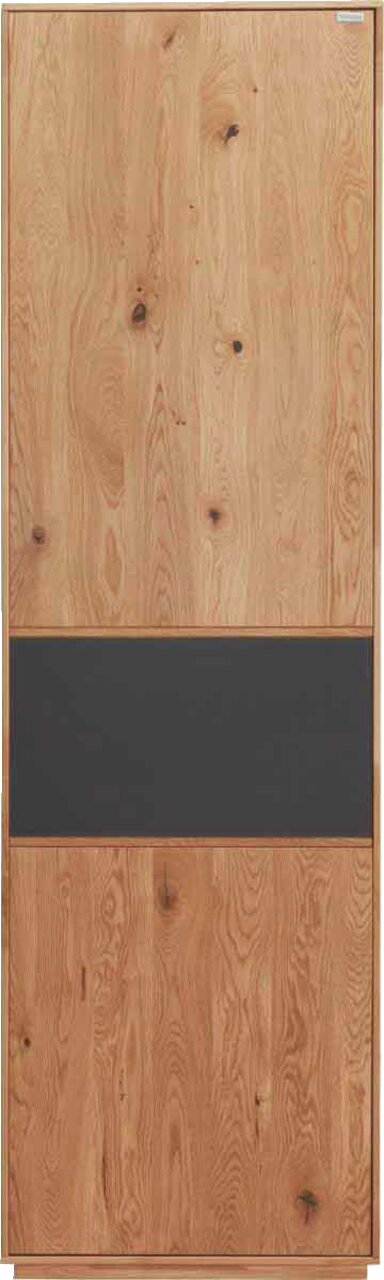 Frontansicht eines Garderobenschranks aus Holz mit einer dunklen mittleren Paneele.
