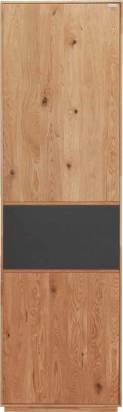 Frontansicht eines Garderobenschranks aus Holz mit einer dunklen mittleren Paneele.